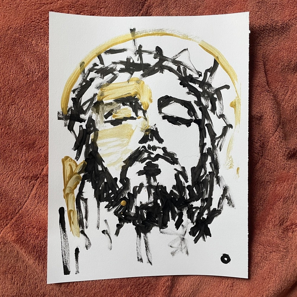 Original Abstract Expressionist Jesus Painting 9x12 Crown of Thorns Oman Hosea
